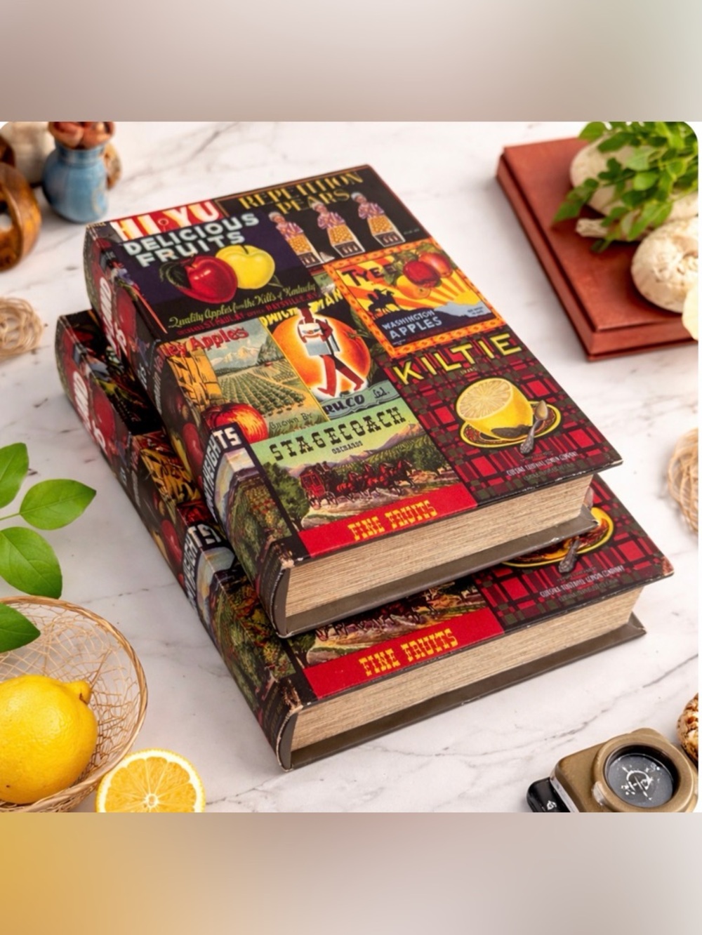 Farmhouse 🍋 Decorative Book Storage Boxes Set Vintage Fruit Crate Style